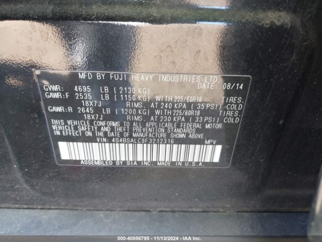 4S4BSALC9F3212316 Subaru Outback 2.5i Limited