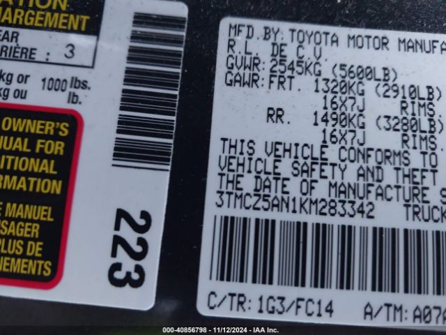 3TMCZ5AN1KM283342 Toyota Tacoma Sr5 V6