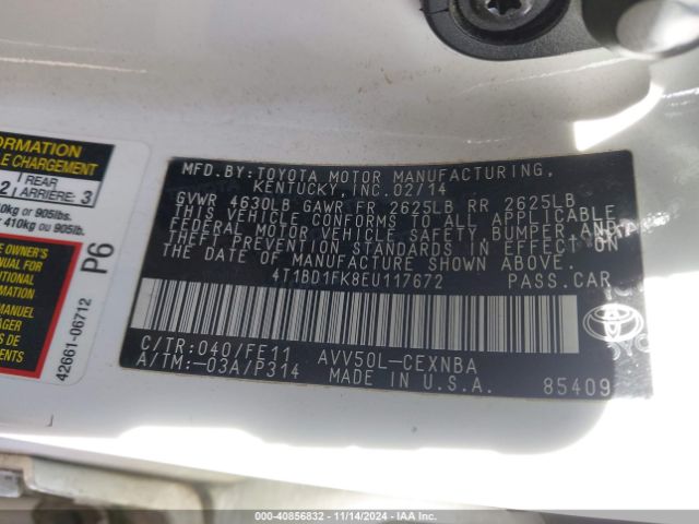 4T1BD1FK8EU117672 Toyota Camry Hybrid Le