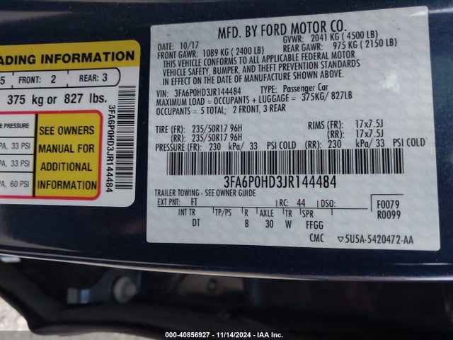 Ford FUSION SE 2018 3FA6P0HD3JR144484 Image 9