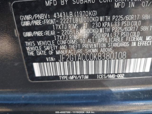 JF2GTACC0K8380108 Subaru Crosstrek 2.0i Premium