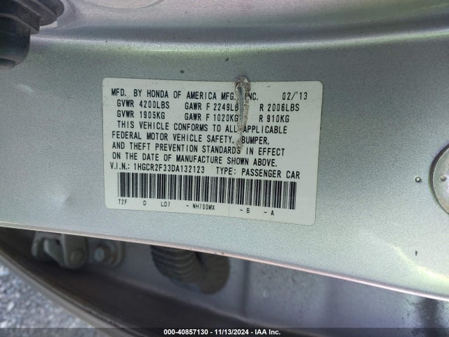 Продажа на аукционе авто 2013 Honda Accord Lx, vin: 1HGCR2F33DA132123, номер лота: 40857130