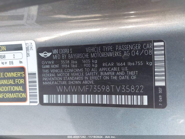 2008 MINI COOPER S WMWMF73598TV35822 Photo 8