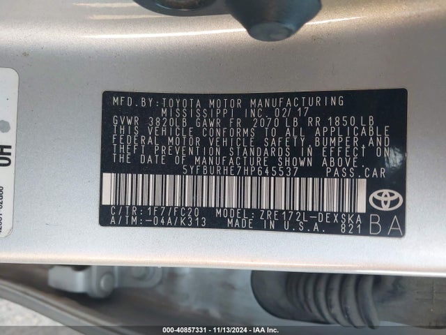 Toyota COROLLA SE 2017 5YFBURHE7HP645537 Image 9