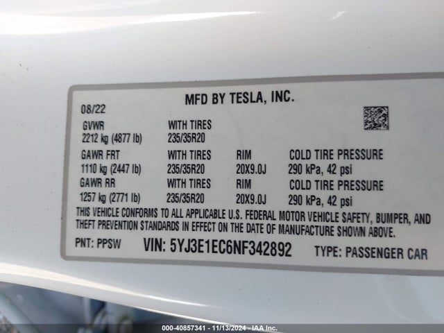 2022 TESLA MODEL 3 5YJ3E1EC6NF342892 Photo 8