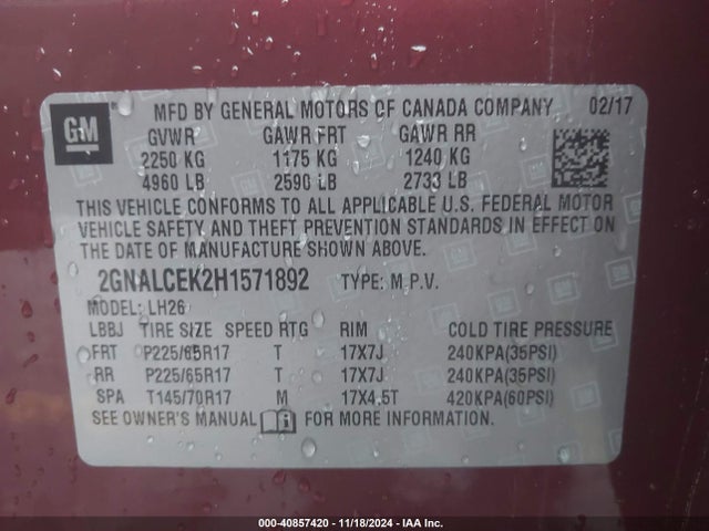 Chevrolet EQUINOX LT 2017 2GNALCEK2H1571892 Image 9