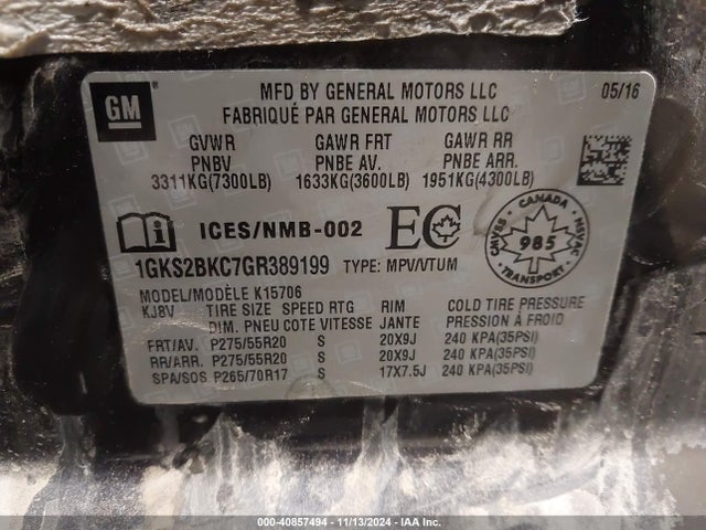 1GKS2BKC7GR389199 GMC YUKON SLT