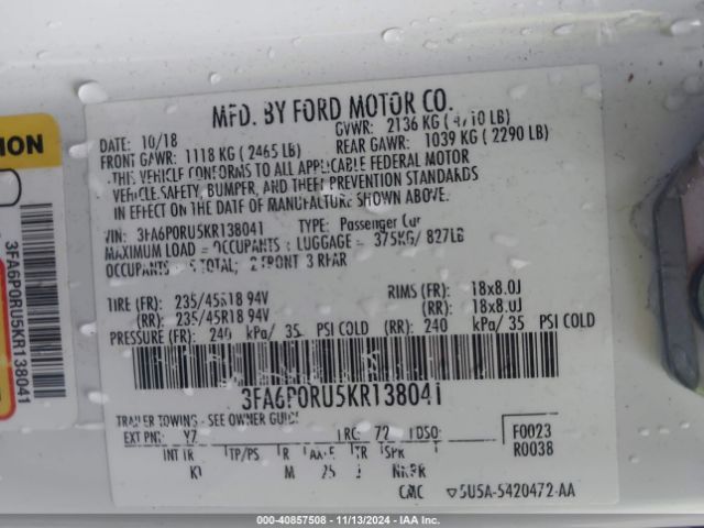 3FA6P0RU5KR138041 Ford Fusion Hybrid Titanium