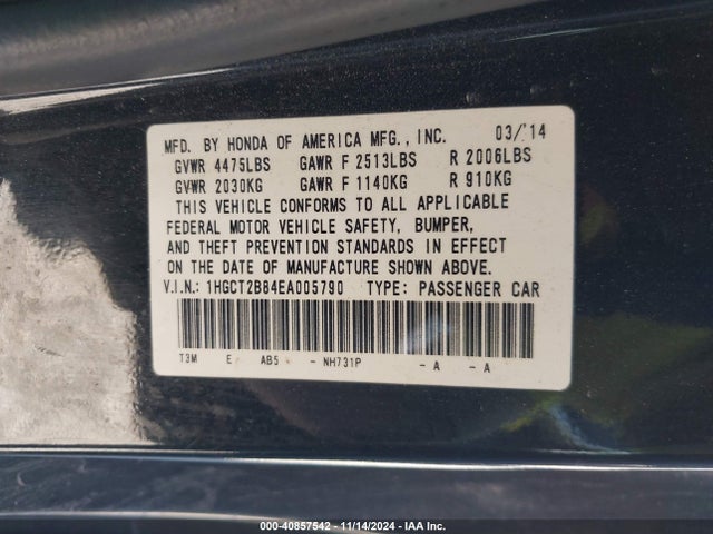 40857542 :رقم المزاد ، 1HGCT2B84EA005790 vin ، 2014 Honda Accord Ex-l V-6 مزاد بيع