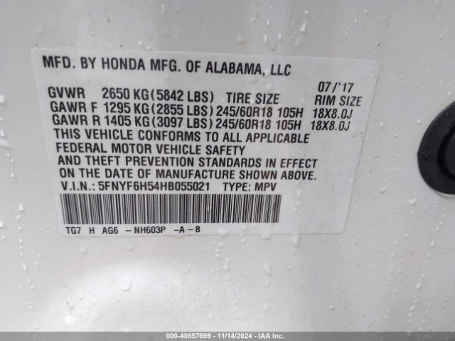 5FNYF6H54HB055021 Honda Pilot Ex-l