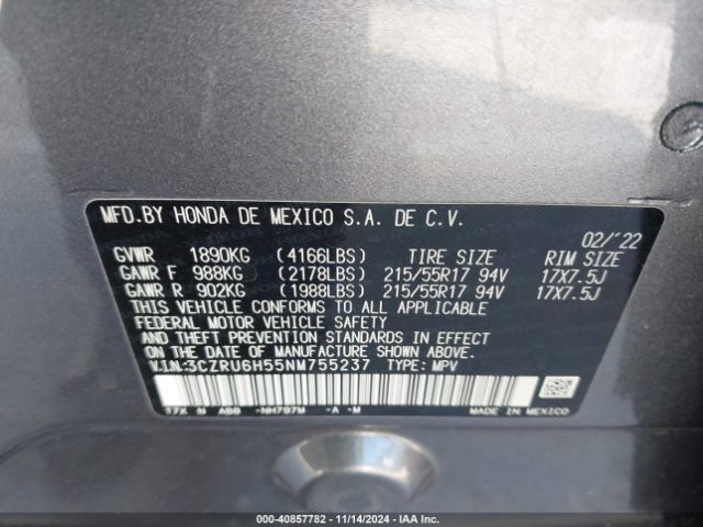 3CZRU6H55NM755237 Honda Hr-v Awd Ex