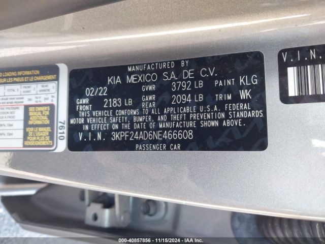 3KPF24AD6NE466608 KIA Forte Lxs