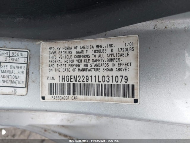 Продажа на аукционе авто 2001 Honda Civic Ex, vin: 1HGEM22911L031079, номер лота: 40857912