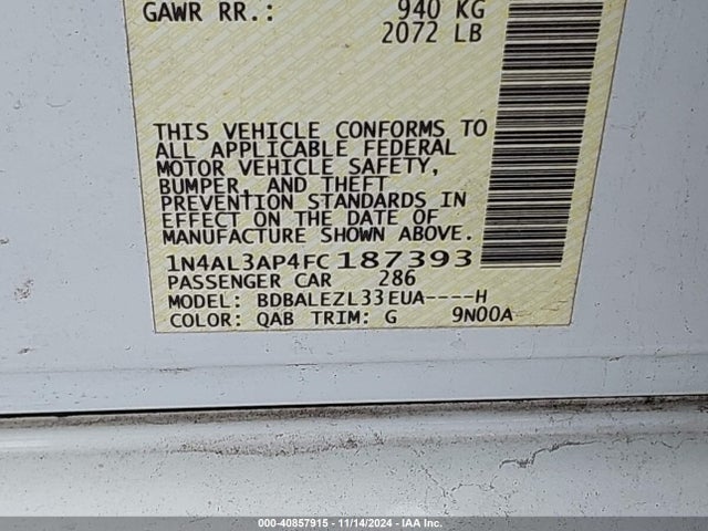 Nissan Altima 2.5 S 2015 1N4AL3AP4FC187393 Image 9