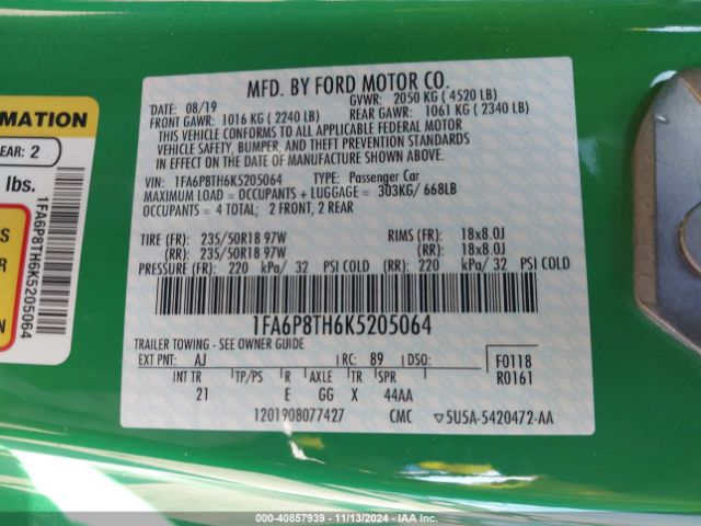 1FA6P8TH6K5205064 Ford Mustang Ecoboost