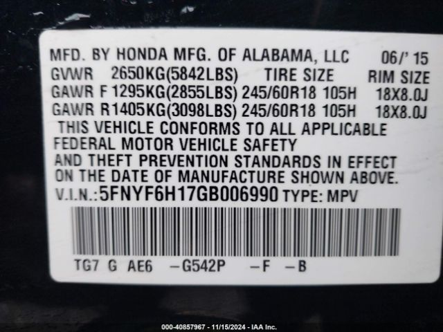 5FNYF6H17GB006990 Honda PILOT LX
