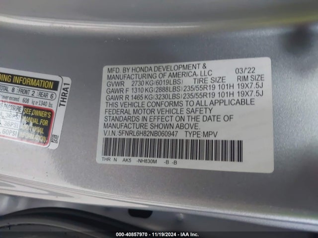 Honda Odyssey Touring 2022 5FNRL6H82NB060947 Image 9