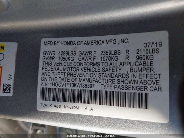 Honda ACCORD LX 2019 1HGCV1F13KA136397 Image 9
