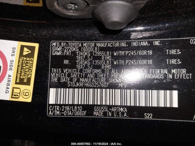5TDJKRFH6GS257607 Toyota Highlander Xle V6