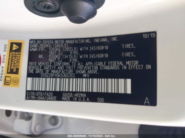 5TDZZRFH5KS365353 Toyota Highlander Le Plus