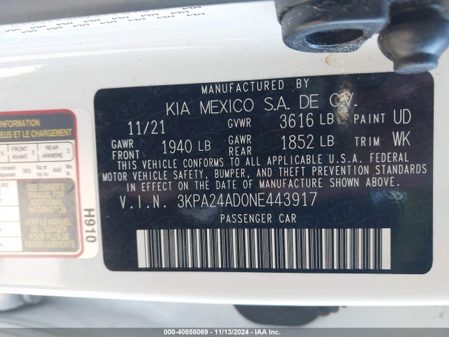 3KPA24AD0NE443917 KIA RIO S