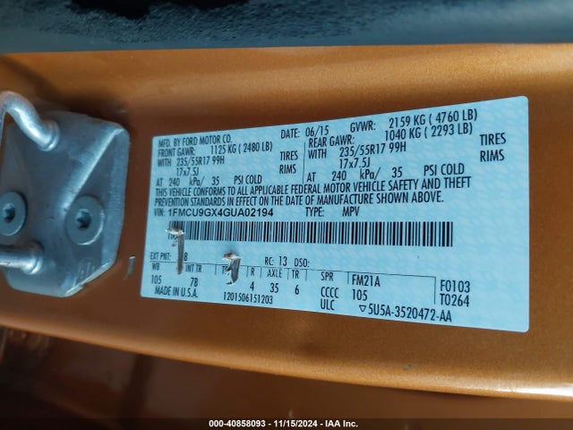 Ford ESCAPE SE 2016 1FMCU9GX4GUA02194 Image 9