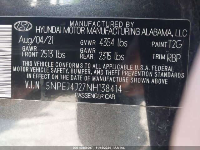 5NPEJ4J27NH138414 Hyundai Sonata Sel Plus