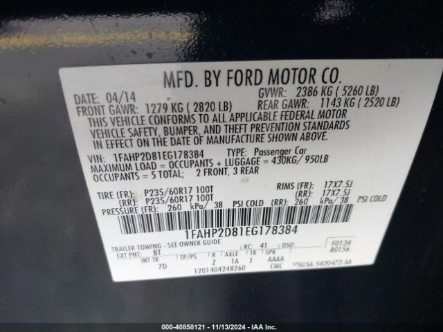 1FAHP2D81EG178384 Ford TAURUS SE