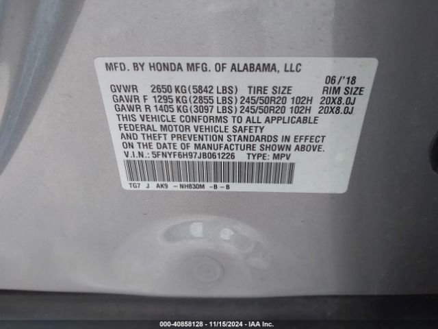 5FNYF6H97JB061226 Honda Pilot Touring