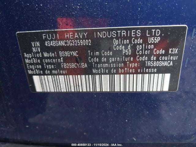 Subaru Outback 2.5i Limited 2016 4S4BSANC3G3259002 Image 9