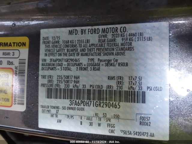 Ford FUSION SE 2016 3FA6P0H71GR290465 Image 9