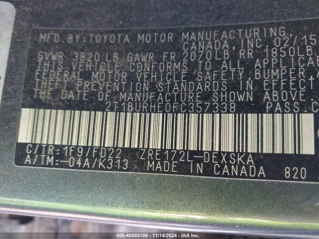 2T1BURHE0FC357338 Toyota Corolla L/le/le Pls/prm/s/s Pls