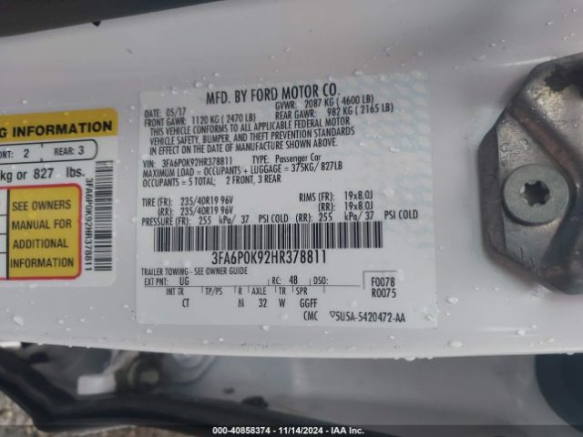 3FA6P0K92HR378811 Ford Fusion Titanium