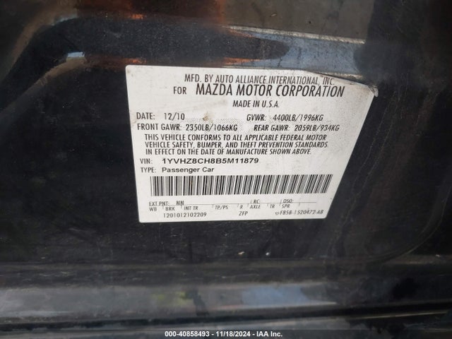 40858493 :رقم المزاد ، 1YVHZ8CH8B5M11879 vin ، 2011 Mazda Mazda6 I Touring Plus مزاد بيع