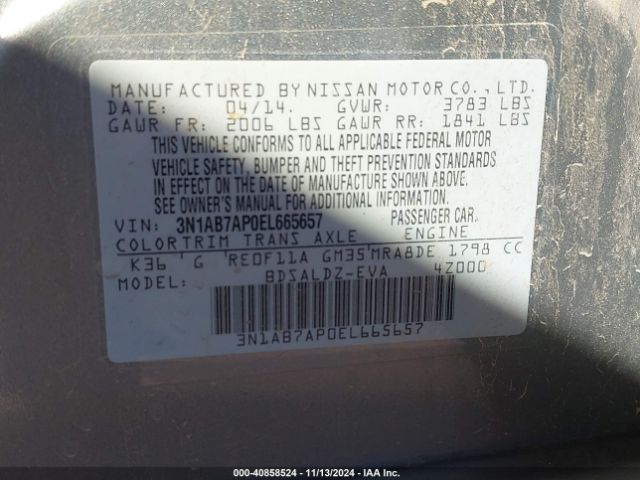 3N1AB7AP0EL665657 Nissan Sentra Fe+ S/fe+ Sv/s/sl/sr/sv