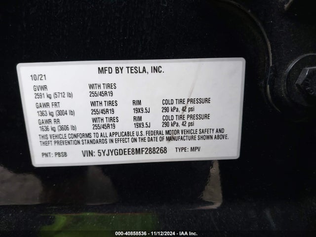 2021 TESLA MODEL Y 5YJYGDEE8MF288268 Photo 8