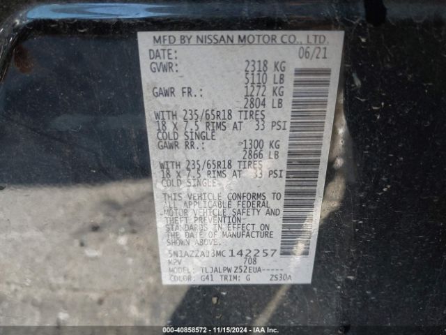 5N1AZ2AJ3MC142257 Nissan Murano S Fwd