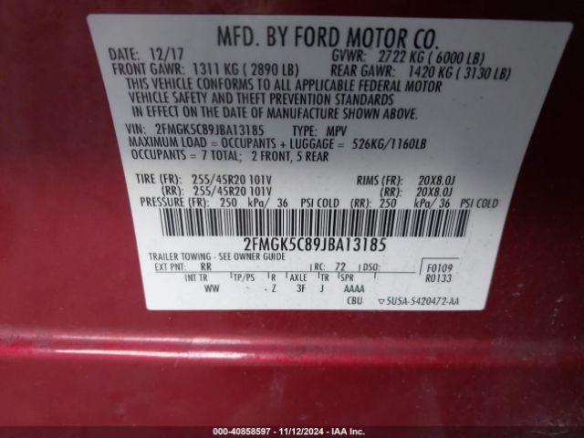 2FMGK5C89JBA13185 Ford FLEX SEL