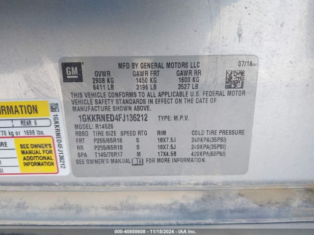 1GKKRNED4FJ136212 GMC Acadia Sle-1