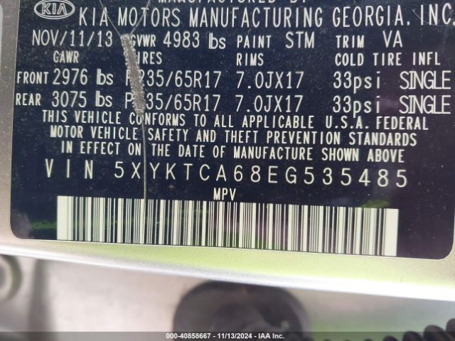 5XYKTCA68EG535485 KIA SORENTO LX