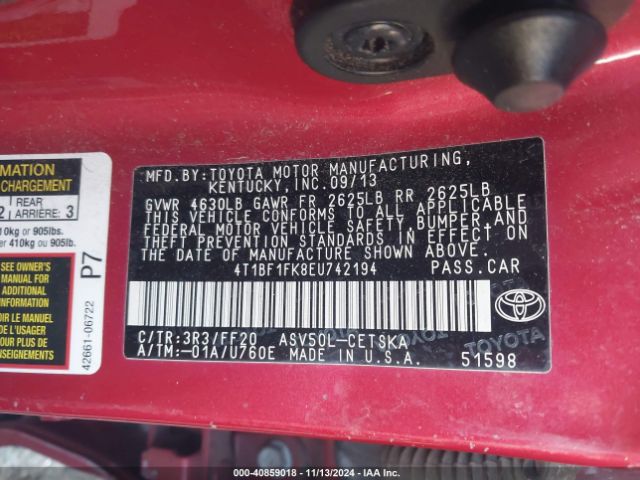 4T1BF1FK8EU742194 Toyota CAMRY SE