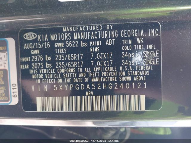 5XYPGDA52HG240121 KIA Sorento 3.3l Lx