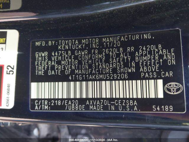 4T1G11AK6MU529206 Toyota CAMRY SE