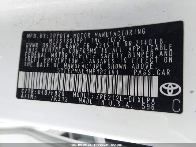 Aukcja sprzedaży 2021 Toyota Corolla Le, vin: 5YFEPMAE1MP183181, numer aukcji: 40859124