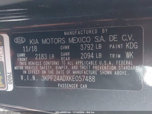 3KPF24ADXKE057488 KIA FORTE FE