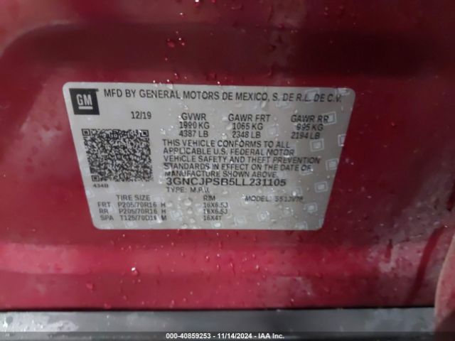 3GNCJPSB5LL231105 Chevrolet Trax Awd Lt