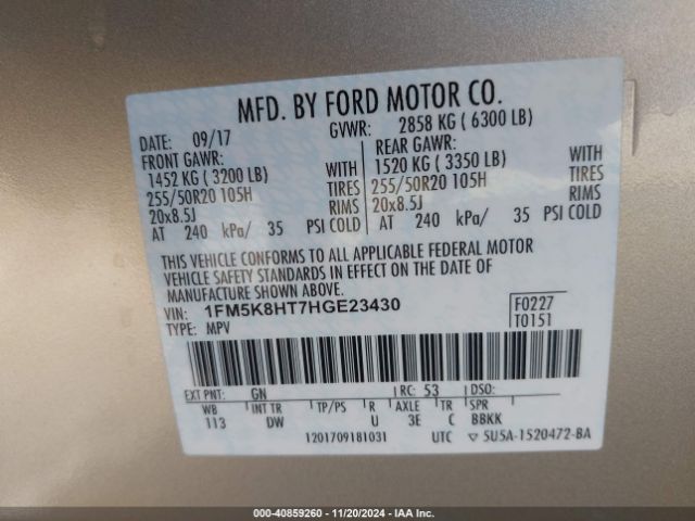 1FM5K8HT7HGE23430 Ford Explorer Platinum