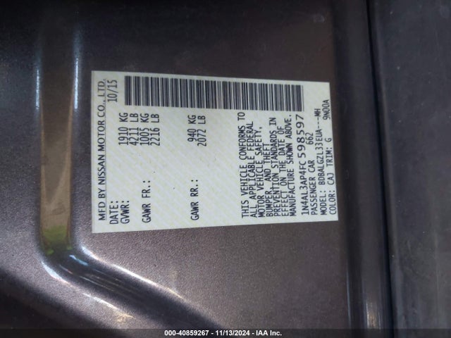 Nissan Altima 2.5 S 2015 1N4AL3AP4FC598597 Image 8