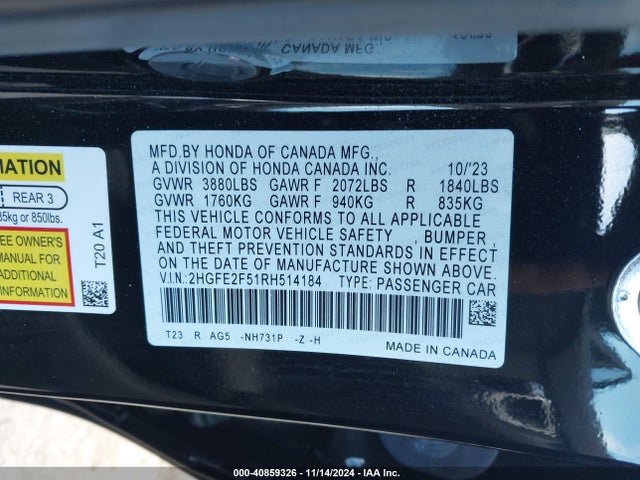 Honda Civic Sport 2024 2HGFE2F51RH514184 Image 9