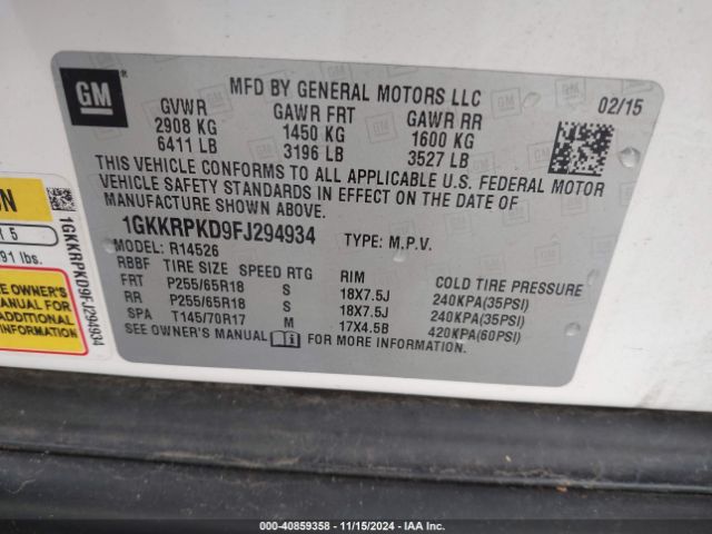 1GKKRPKD9FJ294934 GMC Acadia Sle-2